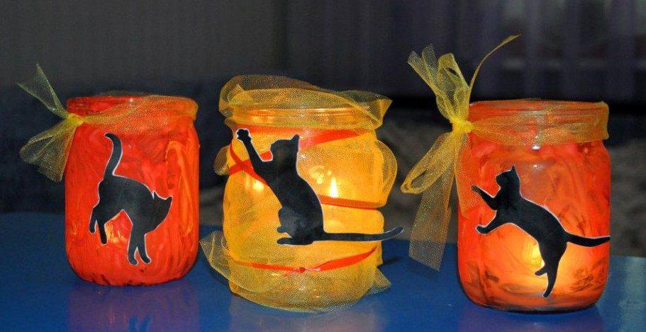 Поделки своими руками Xеллоуин. Фонарики, светильники из банок с кошками Поделки для детского сада
